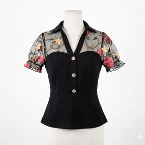 Whimsyygoth Black Mesh Floral Embroidered Blouse Puff Sleeves Sweetheart Peplum